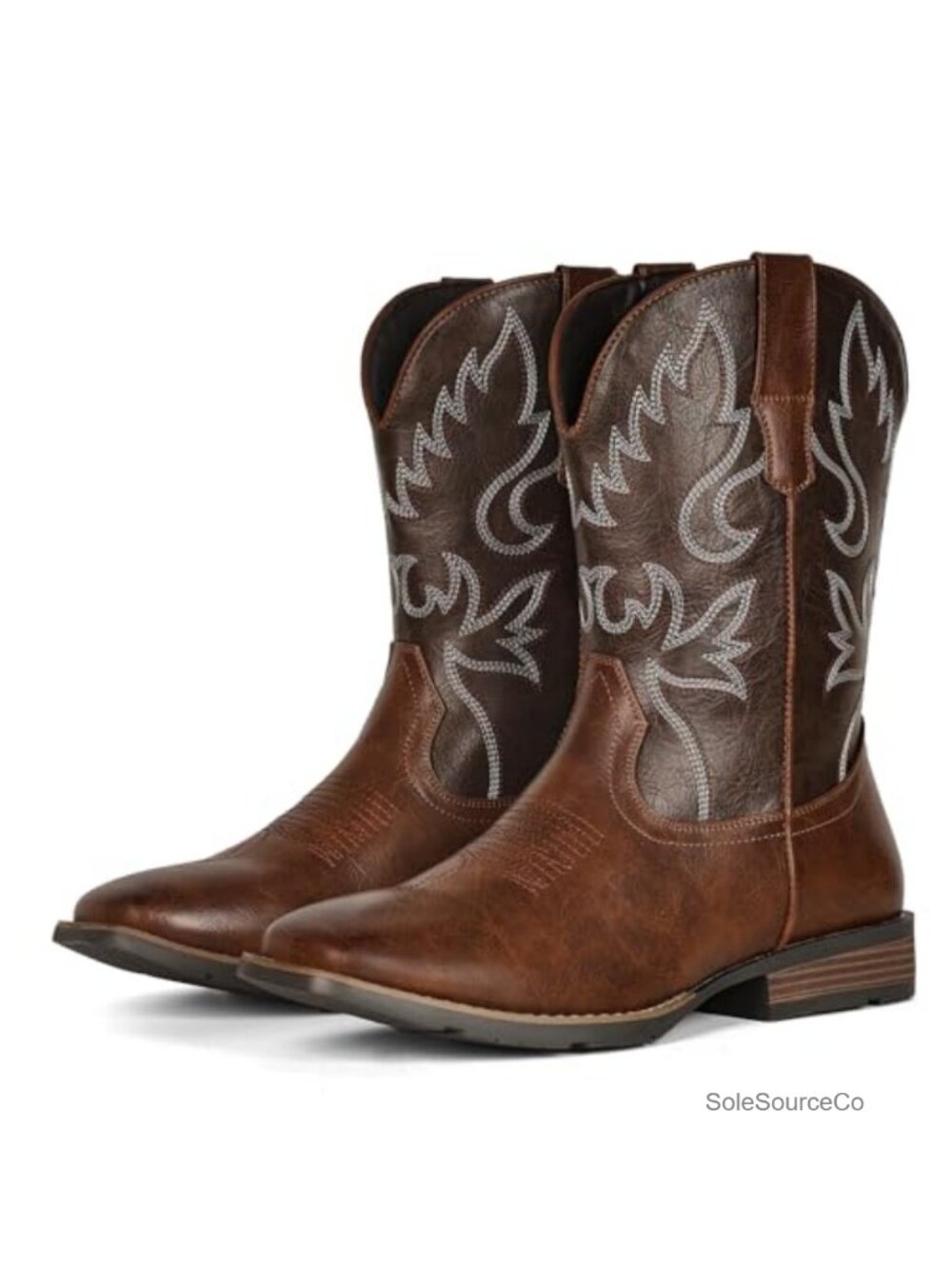 Men's Square Toe Western Cowboy Boots Chunky Heel Faux Leather